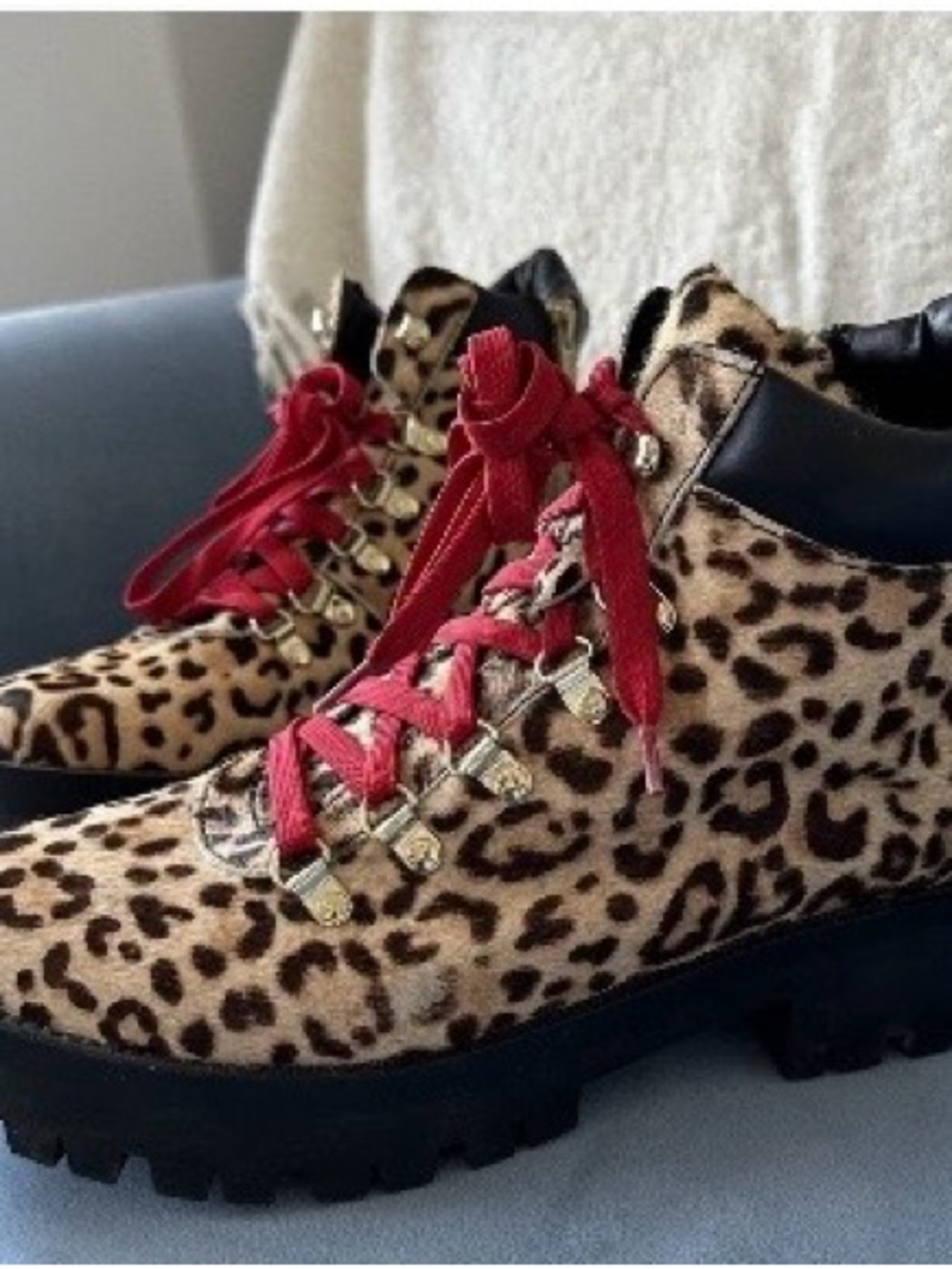 Leopard Print Lace-Up Hiking Boots with Red Laces